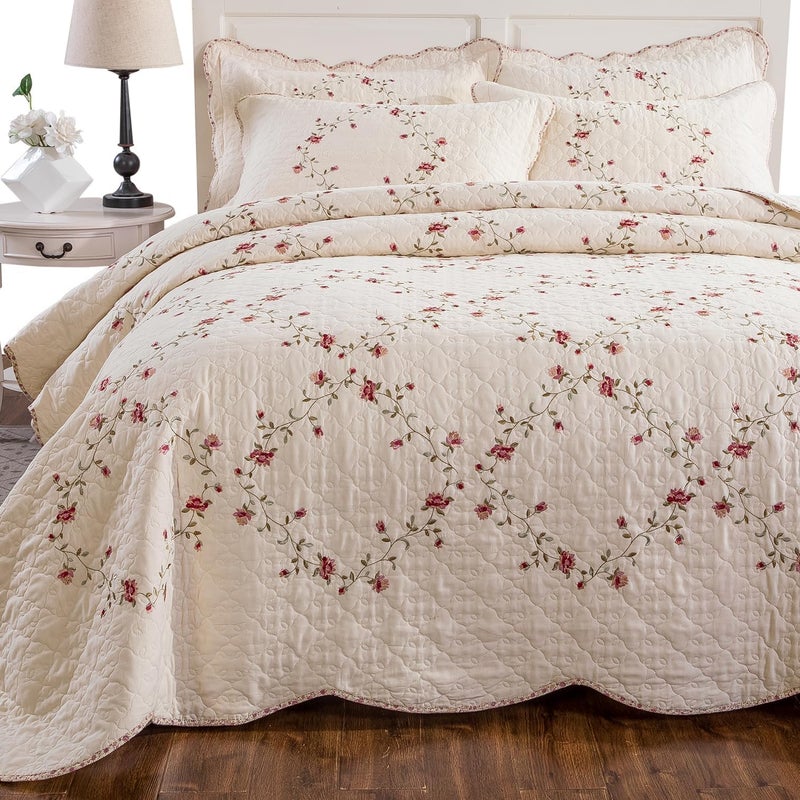 EAVD Floral Embroidered Quilt Set King Size Beige 3 Pieces Soft 100 Cotton Reversible Quilted Bedding Set Elegant Embroidery Decorative Bedspreads Coverlet Set with 2 Pillow Shams for AllSeason