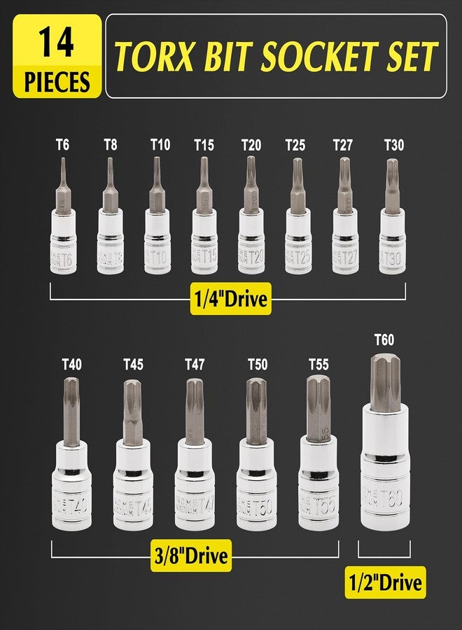 EMENTOL 14PCS Torx Bit Socket Set, CR-V, S2 Steel, 1/4", 3/8" and 1/2" Drive Star Bit Socket Set, T6 - T60 - Image 2