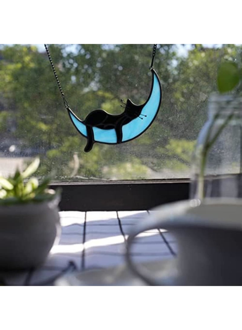 Luckam Stained Glass Black Cat on Moon Window Decor, Blue Moon Suncatcher Hanging Ornament, Cat Themed Home Decoration - Image 4