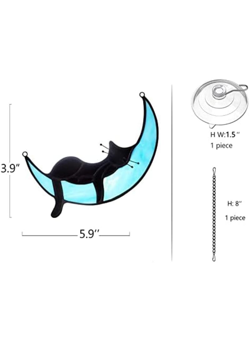 Luckam Stained Glass Black Cat on Moon Window Decor, Blue Moon Suncatcher Hanging Ornament, Cat Themed Home Decoration - Image 2