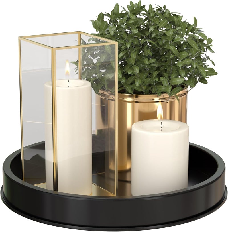 HGF Decorative Tray for Coffee Table,10 Inch Lightweight Metal Round Trays for Kitchen Sink Countertop Organizer Dining Table Centerpiece for Display Candle Vase, Black Round Tray for Bathroom Decor - Image 1