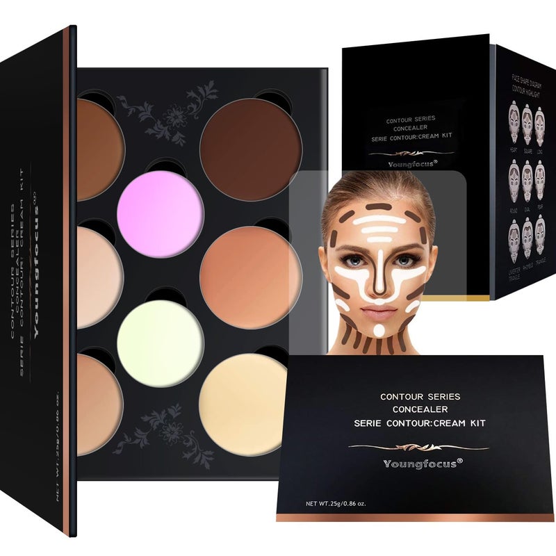 Youngfocus Cosmetics Cream Contour Best 8 Colors and Highlighting Makeup Kit - Contouring Foundation/Concealer Palette - Vegan & Cruelty Free - Step-by-Step Instructions Included - Image 1
