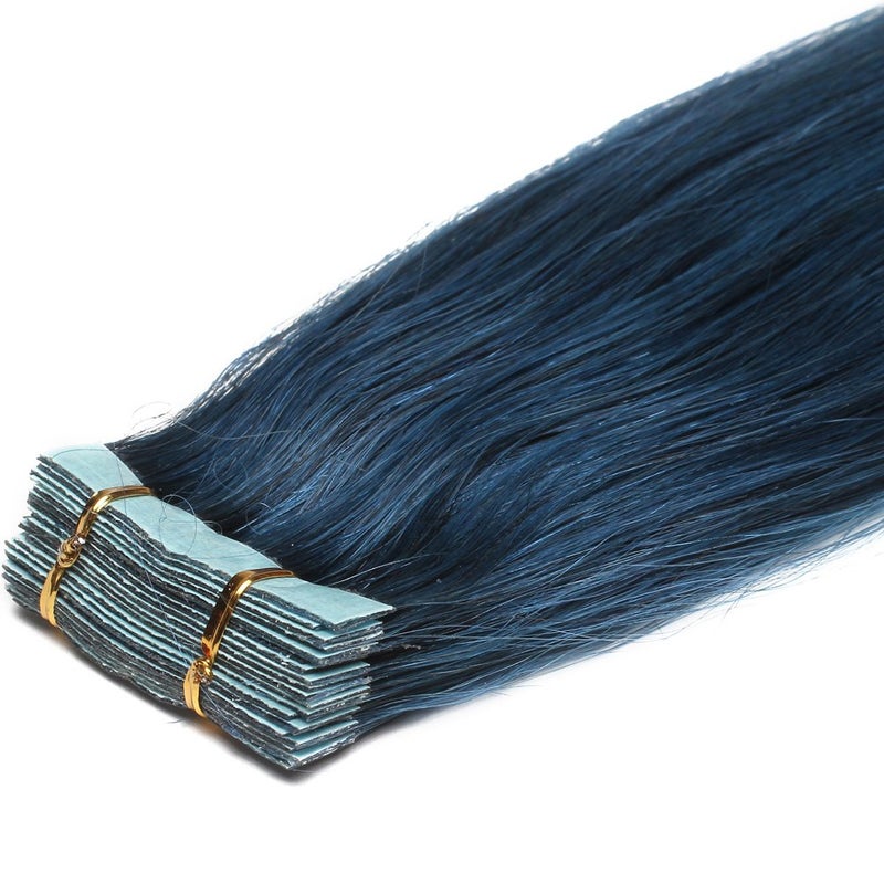 Hair Extensions Tape in Seamless Skin Weft Remy Human Hair 16Inch 10Pcs Blue