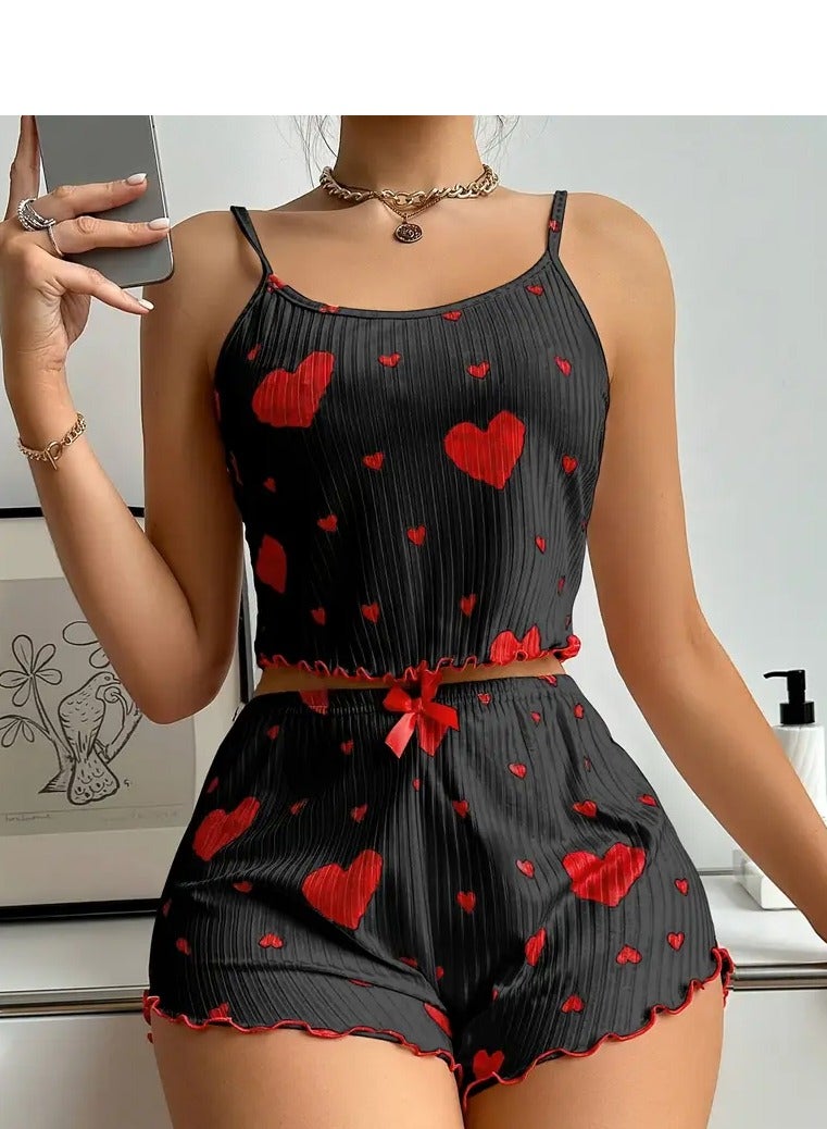 Womens pajamas set with a heart print - short blouse - comfortable shorts - pyjama for girls -  Sleepwear - Pyjamas for Ladies  - Image 1