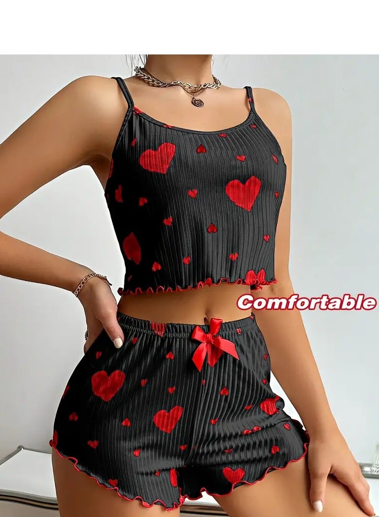 Womens pajamas set with a heart print - short blouse - comfortable shorts - pyjama for girls -  Sleepwear - Pyjamas for Ladies  - Image 3