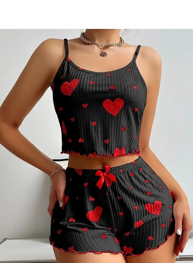 Womens pajamas set with a heart print - short blouse - comfortable shorts - pyjama for girls -  Sleepwear - Pyjamas for Ladies  - Image 2