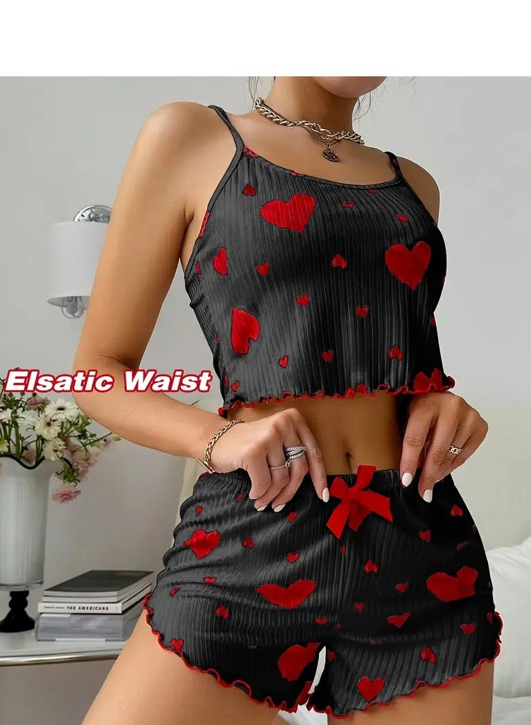 Womens pajamas set with a heart print - short blouse - comfortable shorts - pyjama for girls -  Sleepwear - Pyjamas for Ladies  - Image 4