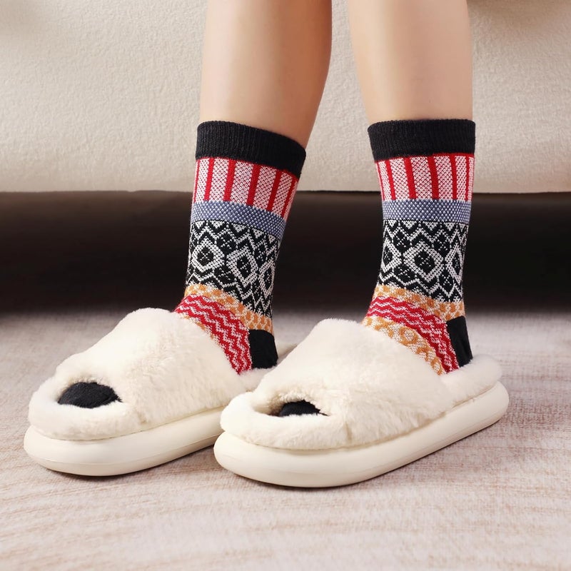 Luckam 5 Pairs Wool Socks for Women Thick Knit Vintage Cute Floral Crew Socks - Image 2