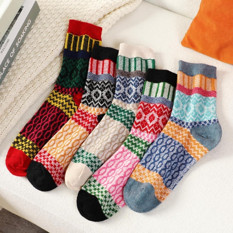 Luckam 5 Pairs Wool Socks for Women Thick Knit Vintage Cute Floral Crew Socks - Image 5