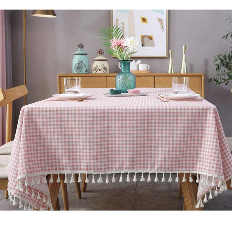 AMZALI AMZALI Vintage Gingham Checkered Plaid Tablecloth with Tassel Table Cover Cotton Linen for Dinner Party Indoor or Outdoor Use RectangleOblong 55 x 87 Inch