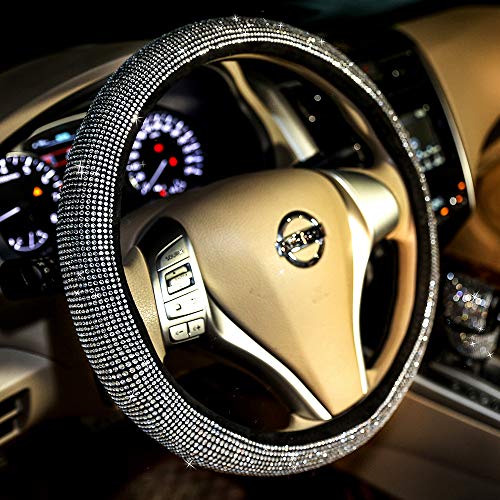 CARWALES Bling Bling Women Steering Wheel Cover for car, 15 Inch Universal White Crystal Rhinestone Diamond Bling Accessories Anti-Slip Wheel Protector - Image 1