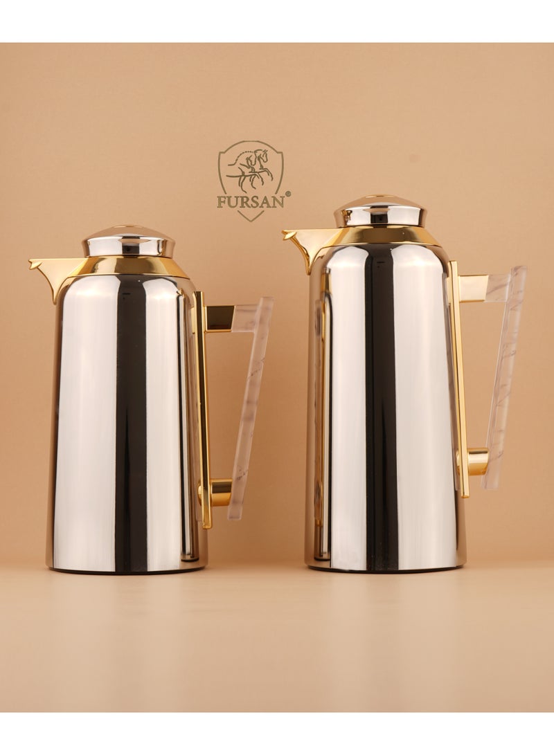 FURSAN Arabic Vacuum Flask Set of 1.0L & 0.7L Silver Metal Body for Coffee and Tea