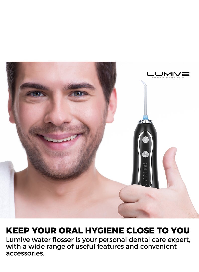 Lumive Water Flosser, Cordless & Rechargeable Oral Cleaner for Home and Travel, 5 Modes, 300mL, IPX7 Waterproof, 2500mAh Battery, USB Recharging, 6 Jet Tips for Braces & Bridges Care, Toothbrush & Travel Bag – Black