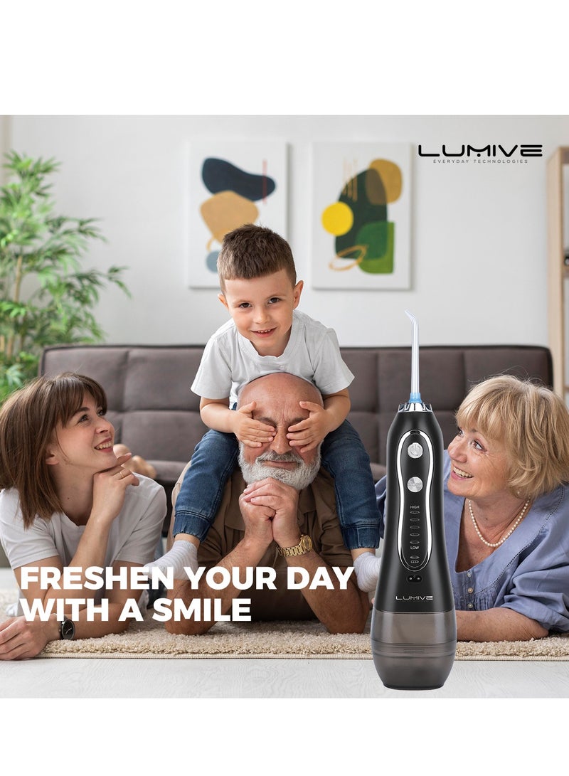 Lumive Water Flosser, Cordless & Rechargeable Oral Cleaner for Home and Travel, 5 Modes, 300mL, IPX7 Waterproof, 2500mAh Battery, USB Recharging, 6 Jet Tips for Braces & Bridges Care, Toothbrush & Travel Bag – Black