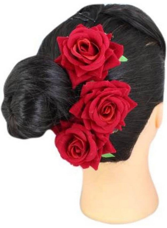 Blubby Artificial Red Rose Hair Pins Elegant Wedding Juda Clip, Stylish Hair Bun Stick with Flowers for Hair Valentine's Gift, Perfect Marriage Hairstyle, Girls, Brides Pack of 3 - Image 1