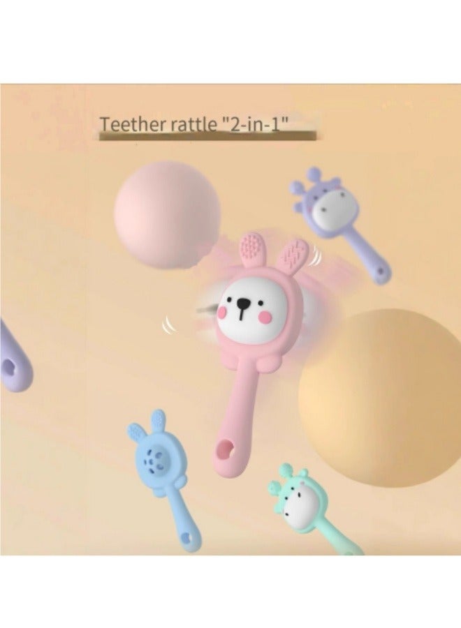 خشخيشة تسنين على شكل أرنب صغير من السيليكون، خشخيشة تسنين اثنين في واحد، مناسبة لطعام الأطفال، لون أخضر - Image 2