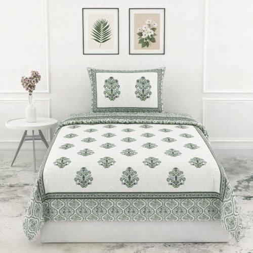 elanorhomes 240 TC Pure 100% Cotton Single Bedsheet (60x90 Inches) with 1 Pillow Cover | Ultra-Soft, Breathable & Skin-Friendly | Lightweight & Durable, Green Fulwari Print - Image 1