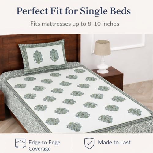 elanorhomes 240 TC Pure 100% Cotton Single Bedsheet (60x90 Inches) with 1 Pillow Cover | Ultra-Soft, Breathable & Skin-Friendly | Lightweight & Durable, Green Fulwari Print - Image 3