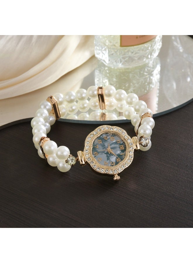 Mark Fairwhale New Elastic Double Row Pearl Full Diamond Dial Watch 