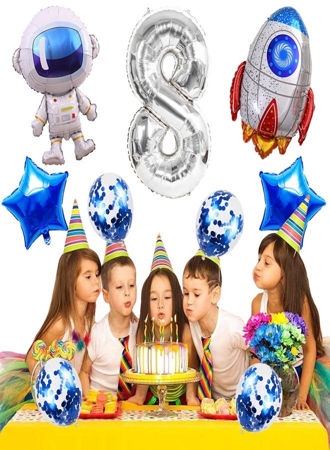 Kawailay Astronaut Rocket 8th Birthday Party Balloons Jumbo Spaceman Birthday Balloons Outer Space Theme Foil Balloons 32 Inch Silver Number 8 Helium Balloon for Birthday Party - Image 5