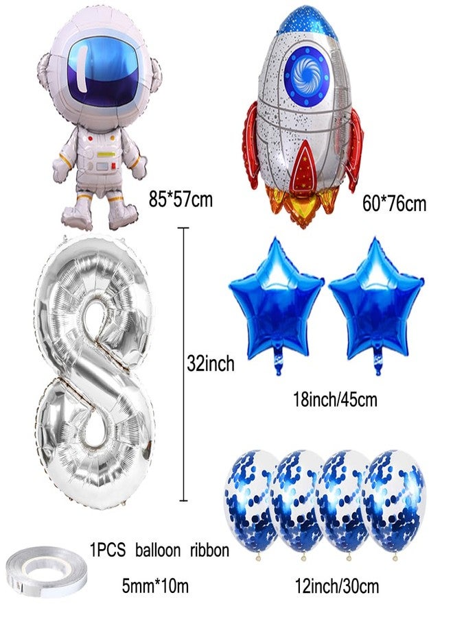 Kawailay Astronaut Rocket 8th Birthday Party Balloons Jumbo Spaceman Birthday Balloons Outer Space Theme Foil Balloons 32 Inch Silver Number 8 Helium Balloon for Birthday Party - Image 2