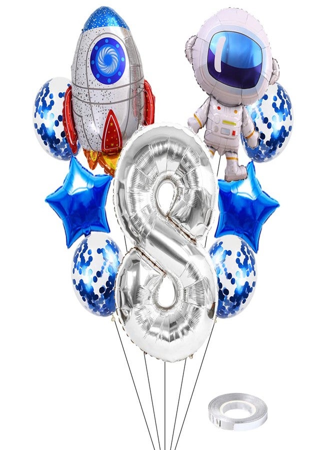 Kawailay Astronaut Rocket 8th Birthday Party Balloons Jumbo Spaceman Birthday Balloons Outer Space Theme Foil Balloons 32 Inch Silver Number 8 Helium Balloon for Birthday Party - Image 1