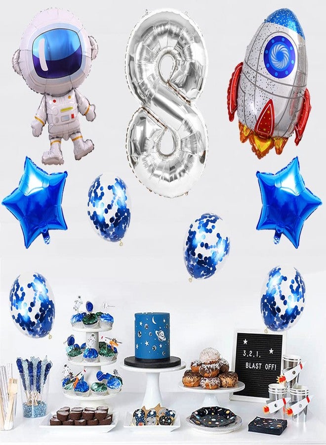Kawailay Astronaut Rocket 8th Birthday Party Balloons Jumbo Spaceman Birthday Balloons Outer Space Theme Foil Balloons 32 Inch Silver Number 8 Helium Balloon for Birthday Party - Image 4