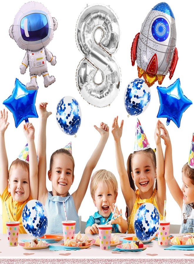 Kawailay Astronaut Rocket 8th Birthday Party Balloons Jumbo Spaceman Birthday Balloons Outer Space Theme Foil Balloons 32 Inch Silver Number 8 Helium Balloon for Birthday Party - Image 3