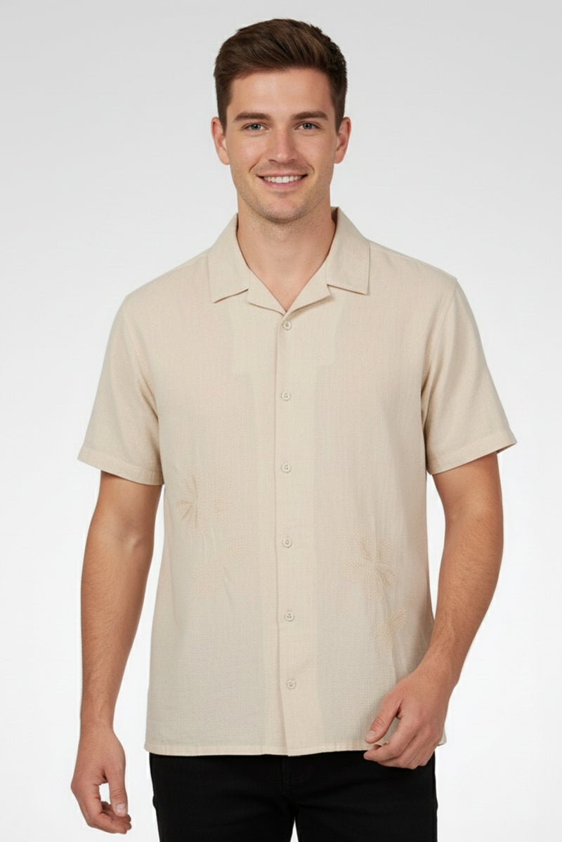 Threadbare Men Regular Fit Short Sleeve Embroidered Casual Shirt, Beige - Image 1