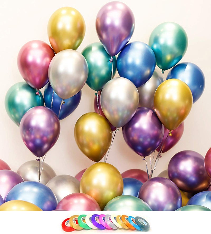 AMFIN® (Pack of 104) Chrome Balloons with Curling Ribbon for Kids Birthday Party Decorations, Baby Shower, Wedding Anniversary, Engagement Decoration, Office Party, Home Decor Items - Multicolor - Image 1