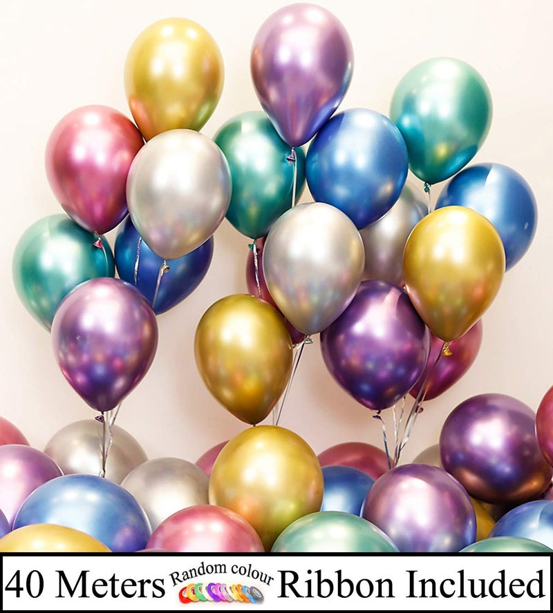 AMFIN® (Pack of 104) Chrome Balloons with Curling Ribbon for Kids Birthday Party Decorations, Baby Shower, Wedding Anniversary, Engagement Decoration, Office Party, Home Decor Items - Multicolor - Image 2