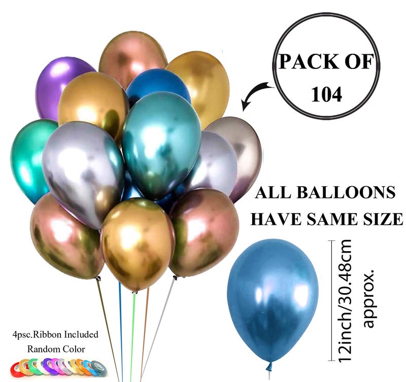 AMFIN® (Pack of 104) Chrome Balloons with Curling Ribbon for Kids Birthday Party Decorations, Baby Shower, Wedding Anniversary, Engagement Decoration, Office Party, Home Decor Items - Multicolor - Image 3