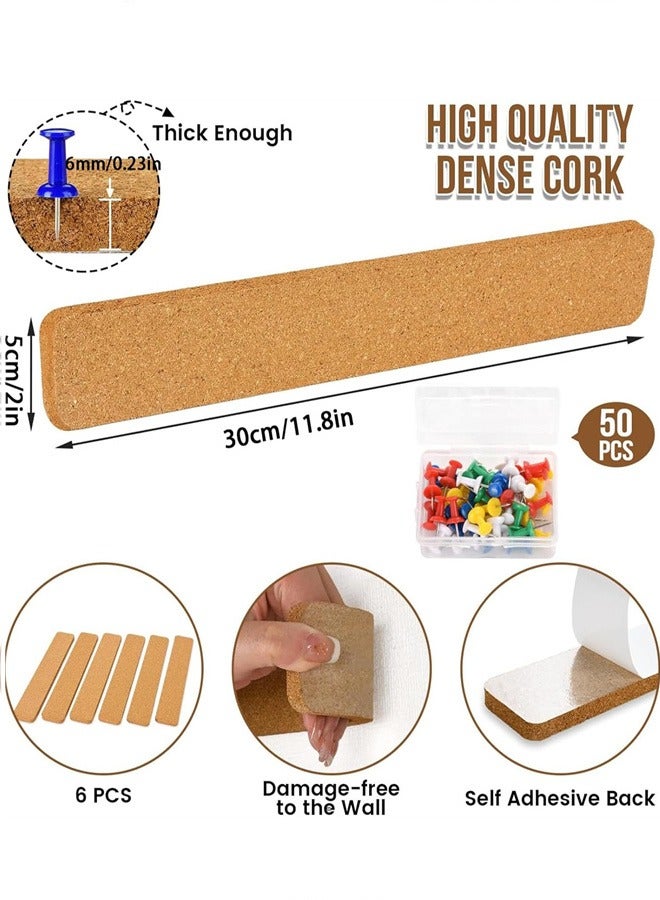 Cork Board Strips, 6 Pack Self Adhesive Cork Board Board Strips for Walls Self Adhesive Board Bar Strips Bulletin Board with 50 Push Pins for Paste Notes, Photos, Schedules - Image 2