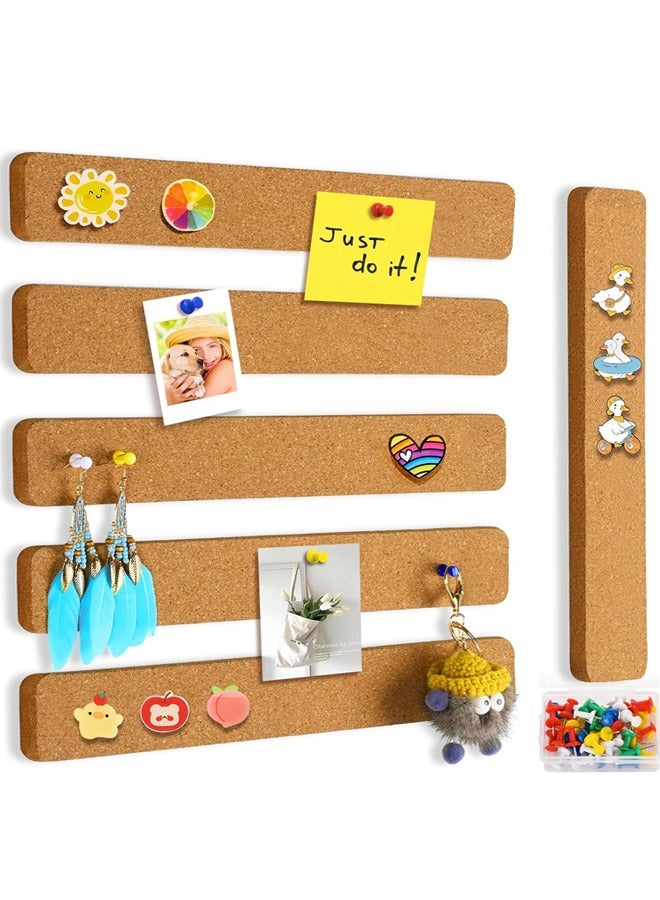 Cork Board Strips, 6 Pack Self Adhesive Cork Board Board Strips for Walls Self Adhesive Board Bar Strips Bulletin Board with 50 Push Pins for Paste Notes, Photos, Schedules - Image 1