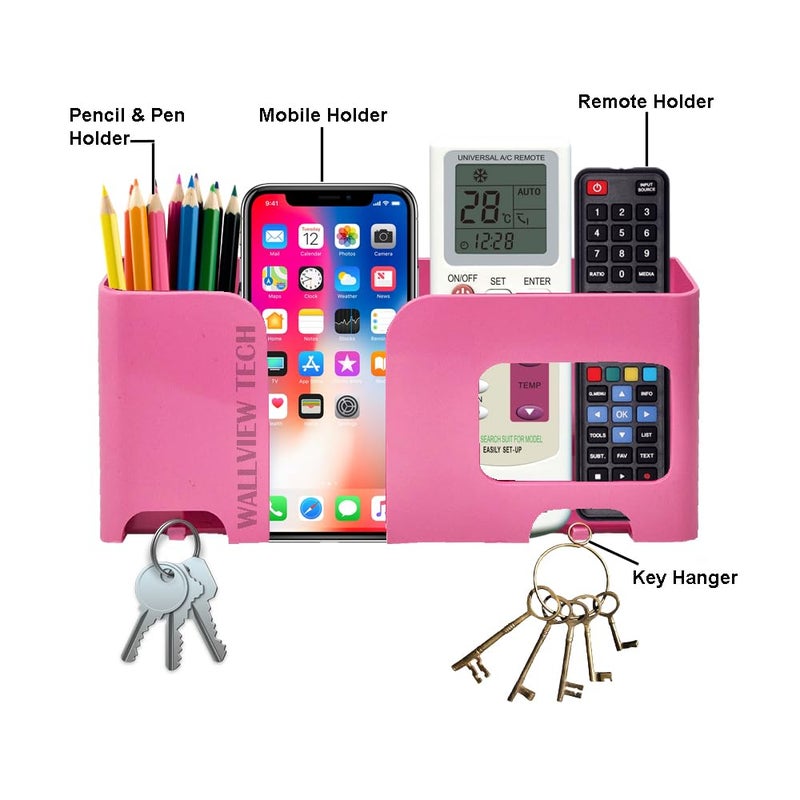WALLVIEW TECH Mount Mobile Holder | Plastic Storage Case for Ac/Tv Remotes | Multi-Purpose Wall Phone Stand for Charging | Remote Wall Organiser | Smart Stand Wall Mount Gadget (Pink) - Image 2