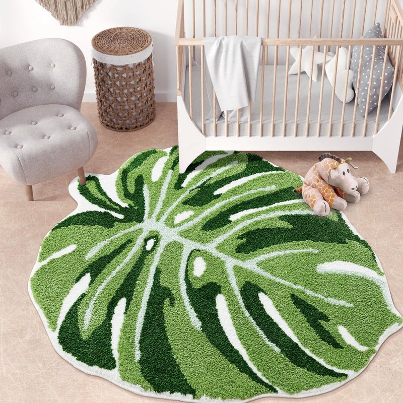 Panstar Green Leaf Kids Rug Monstera Shaped Rug for Bedroom Bathroom Non Slip Microfiber Tufted Plant Large Bath Mat Boho Home Decor Large Size 43X36