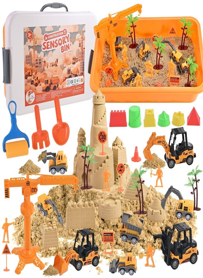 Faburo 34Pcs Sand Construction Site Kit Sensory Bin Toy for Toddler with 8 Vehicles, 6 Castle Molds, 5 Road Signs, 4 Worker Figures, 2.2lbs Sand, Learning Sand Toys Birthday Gift for Kids Boys Ages 3 4 5 - Image 1