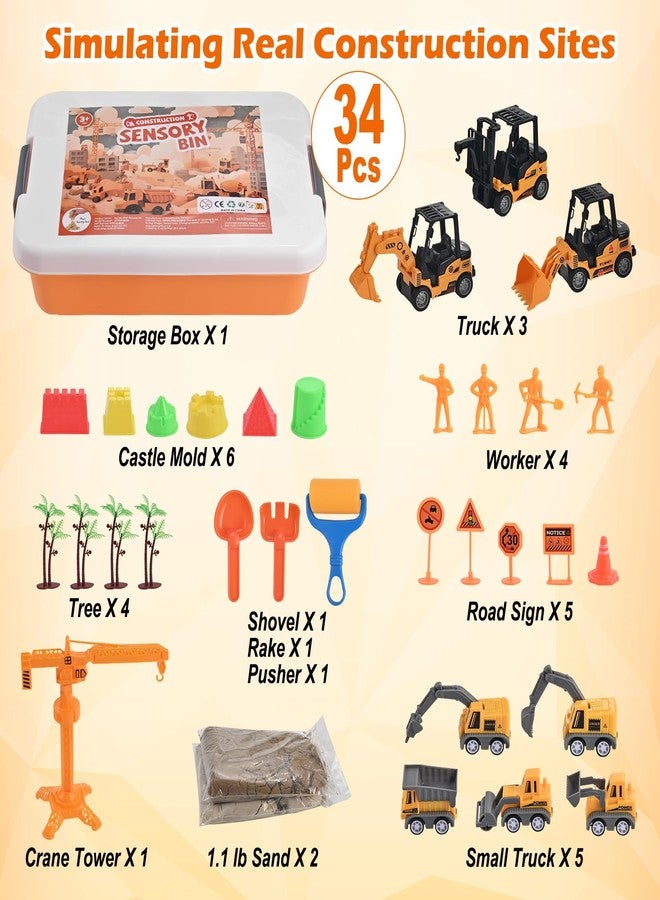 Faburo 34Pcs Sand Construction Site Kit Sensory Bin Toy for Toddler with 8 Vehicles, 6 Castle Molds, 5 Road Signs, 4 Worker Figures, 2.2lbs Sand, Learning Sand Toys Birthday Gift for Kids Boys Ages 3 4 5 - Image 3