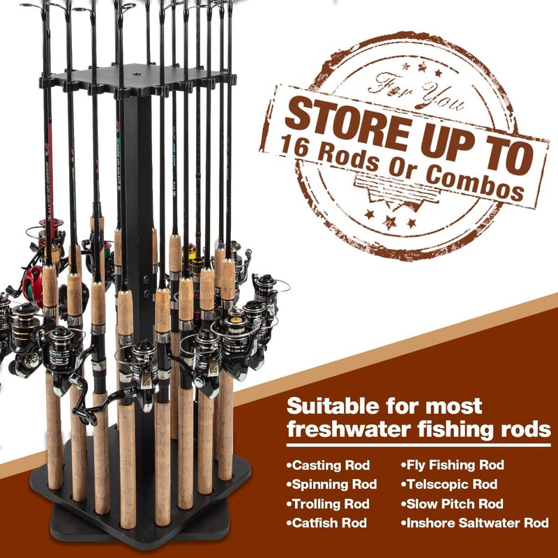 Ghosthorn Fishing Rod Holders for Garage 360 Degree Rotating Fishing Pole Rack, Floor Stand Holds up to 16 Rods Wood Fishing Gear Equipment Storage Organizer, Fishing Gifts for Men Women - Image 4