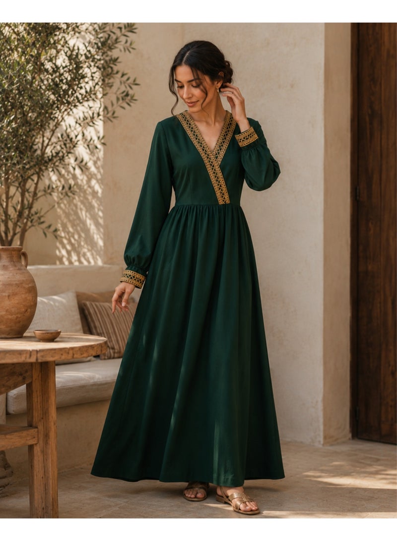 LokalMart Women's Dark Green Maxi Dress with Gold Embroidery Trim, Medium - Image 3