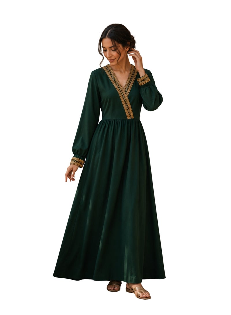 LokalMart Women's Dark Green Maxi Dress with Gold Embroidery Trim, Medium - Image 2