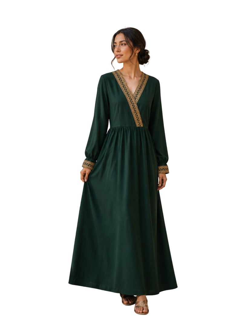 LokalMart Women's Dark Green Maxi Dress with Gold Embroidery Trim, Medium - Image 1