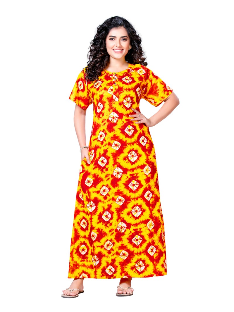PNAEONG Women's Printed Cotton Nighty, Gown Maxi - Free Size Yellow - Image 1
