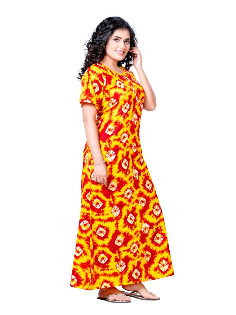 PNAEONG Women's Printed Cotton Nighty, Gown Maxi - Free Size Yellow - Image 3