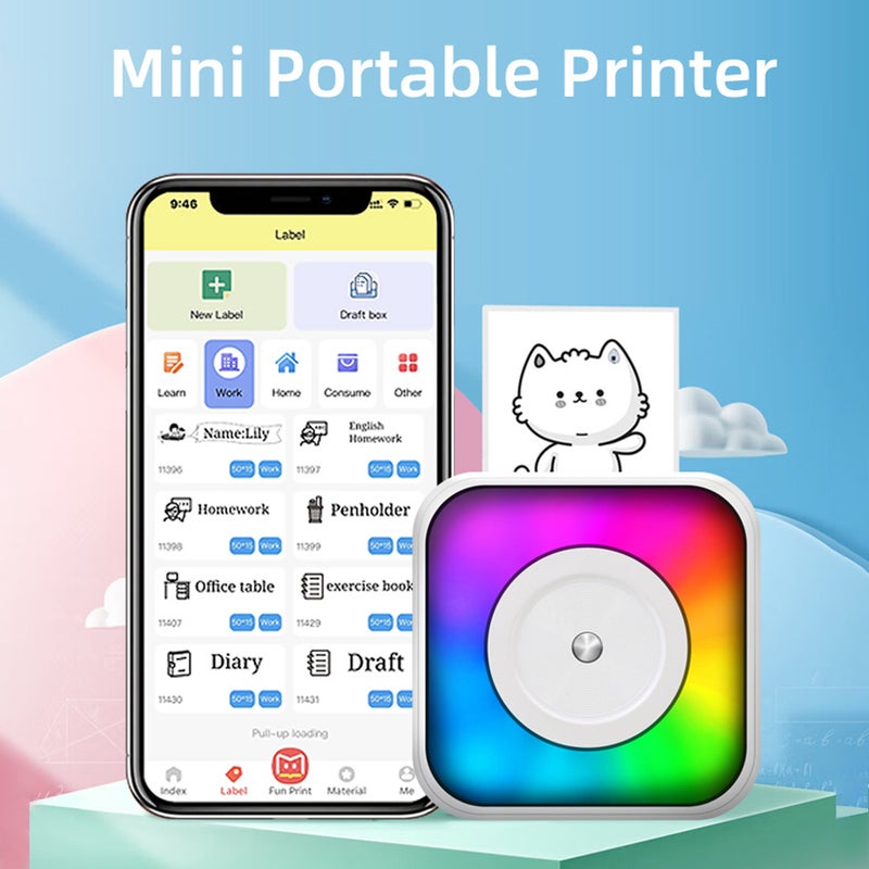 Mini Thermal Printer Multifunction Portable Sticker Maker with RGB Light Instant Photo Inkless Printing Support BT Connection for Smartphone with 9 Thermal Paper Roll 57mm + 5 Self-Adhesive Paper - Image 2