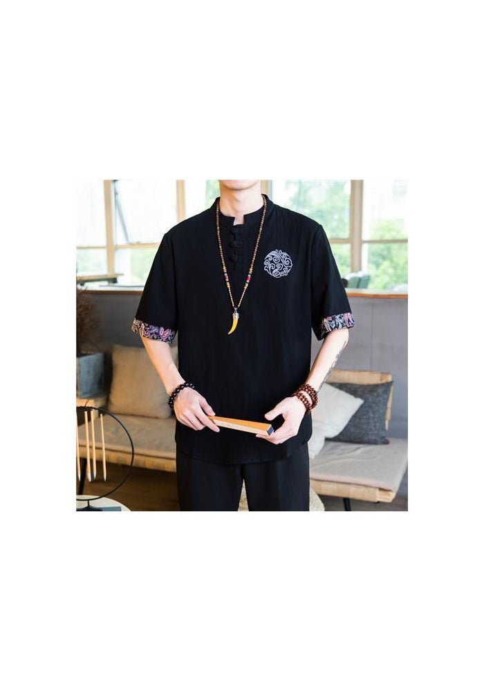 Embroidered Linen Short-sleeved T-shirt Men's Summer Thin Loose Trendy Brand plus size Tang Chinese Style Cotton and Linen Buckle T-shirt - Image 1