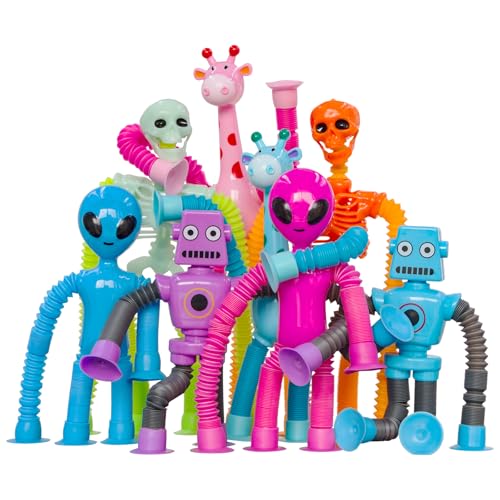 DODOMAGXANADU Pop Tubes Skeleton Fidget Toys for Kids 8Pack Robot Fidget Pop Toys Telescopic Suction Cup Toy for Stress and Anxiety Relief Stocking Stuffers Gift for Kids and Toddlers 8 Pack MultiItems - Image 1