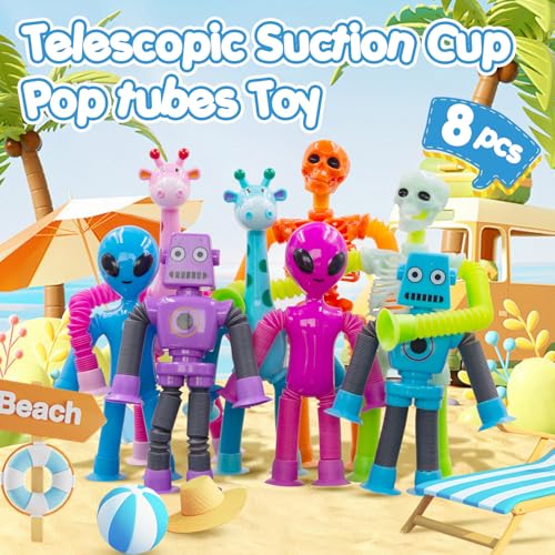 DODOMAGXANADU Pop Tubes Skeleton Fidget Toys for Kids 8Pack Robot Fidget Pop Toys Telescopic Suction Cup Toy for Stress and Anxiety Relief Stocking Stuffers Gift for Kids and Toddlers 8 Pack MultiItems - Image 5
