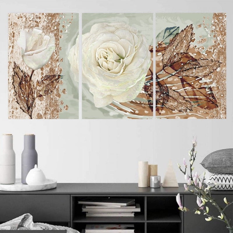 Marktna Three modern canvas paintings with a floral design and a hollow frame, measuring (150×70), three pieces - Image 1