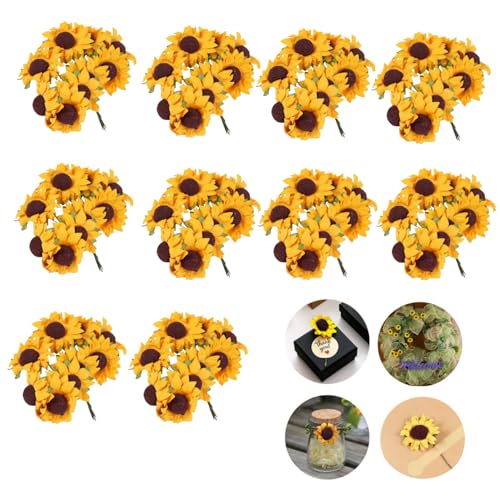 Dodxiaobeul 100 pcs Mini Dark Yellow Sunflowers 12 Tiny Fake Flowers with10 yard hemp rope Miniature Flowers for Crafts Miniature Flowers for Dollhouse for Gift DecorationDining Table Decoration - Image 1